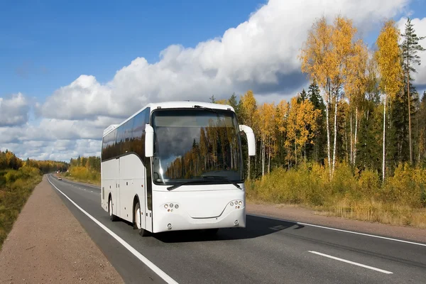 White tourist bus on highway