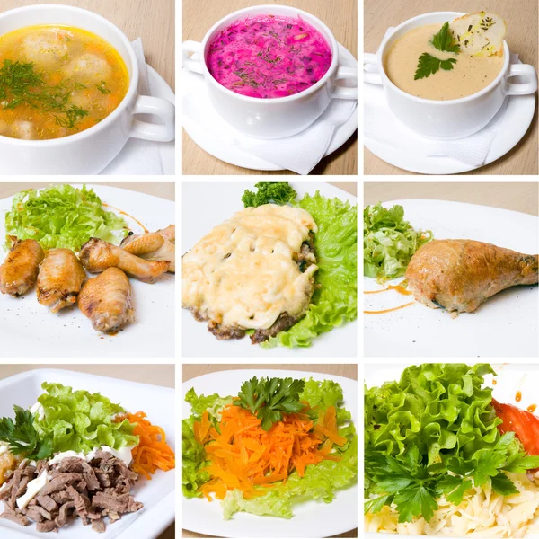 Soup, meat, salad and other food