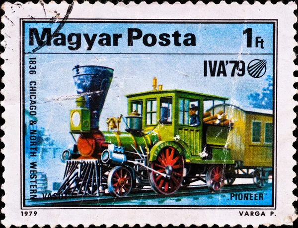 Postage stamp shows locomotive Pioneer