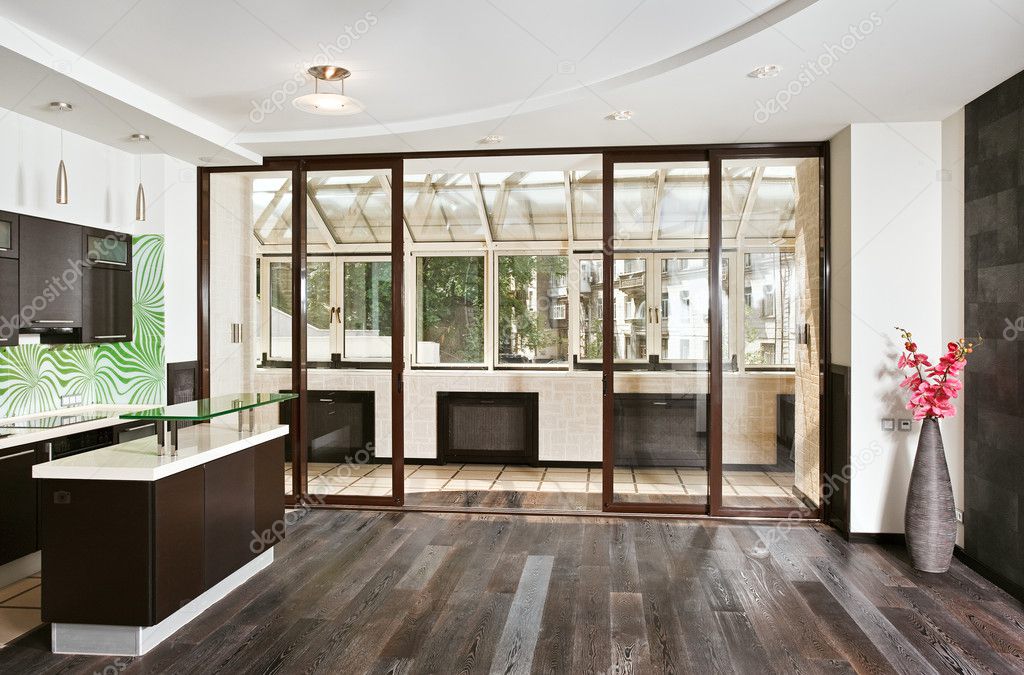 Moderne zitkamer en keuken interieur — stockfoto © mrhamster #1907699