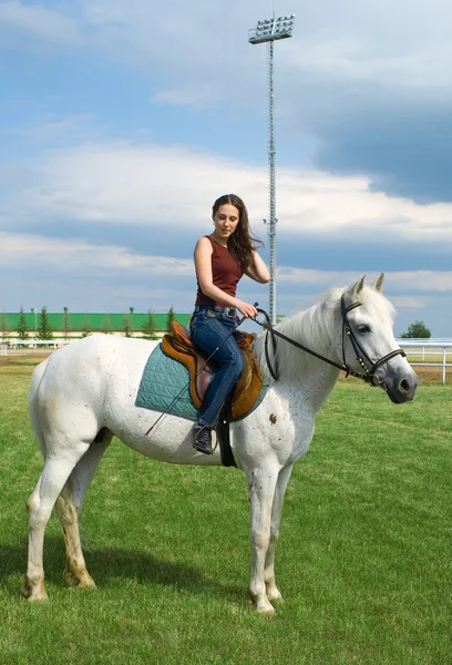 Girl astride a horse against blue sky