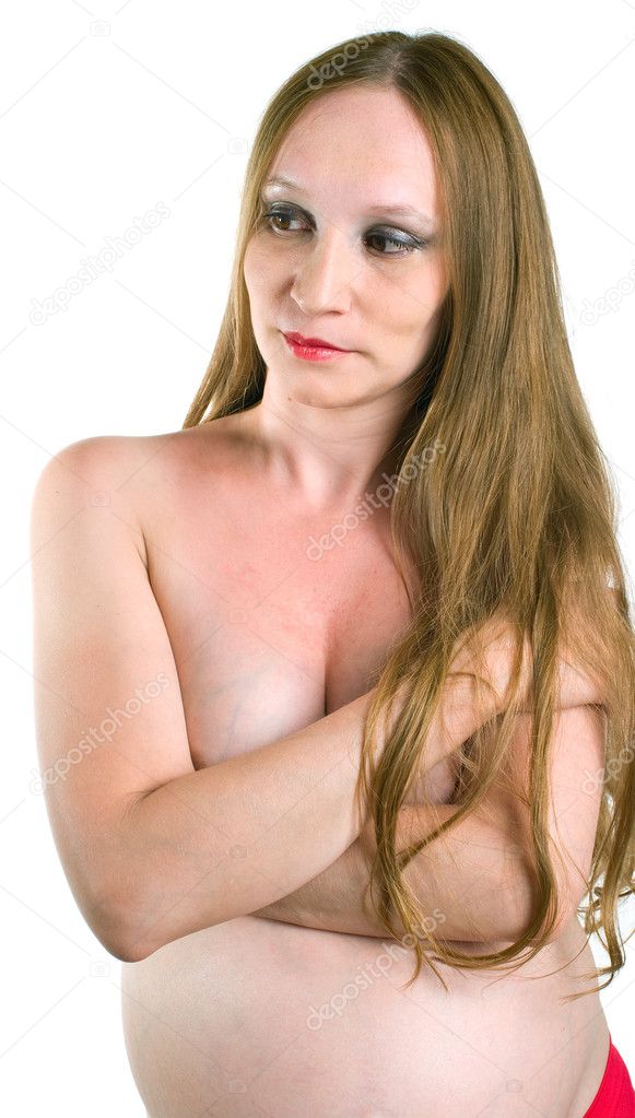 Portrait of naked pregnant women on white background Isolation