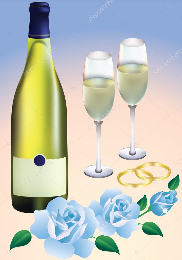 Wedding rings blue roses two glasses and a bottle of champagne vector
