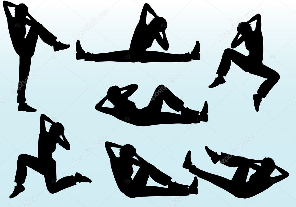 Woman aerobic exercising vector silhouettes