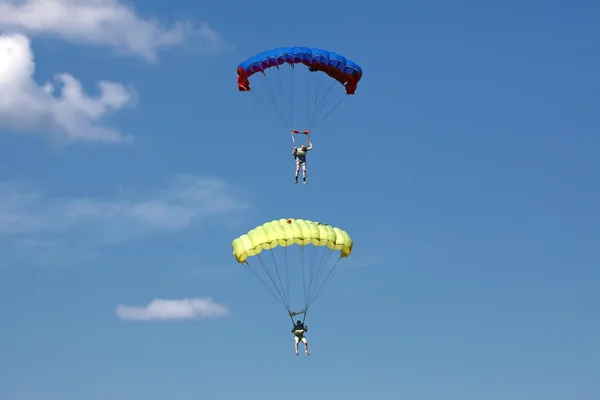 Parachutists in the dark blue sky