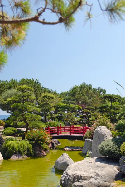 Japanese red bridge in zen garden