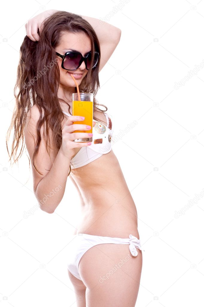 Beautiful Women In Swimsuit With A Glass Stock Photo By Zamula