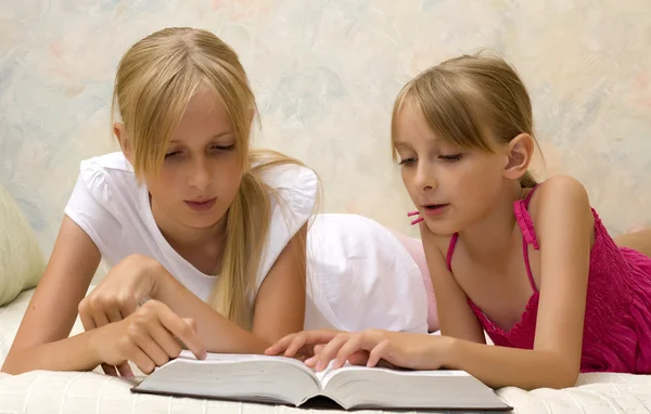 Two sisters reading book