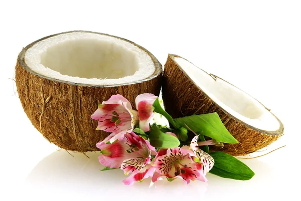 Two pieces of ripe coconut with flowers