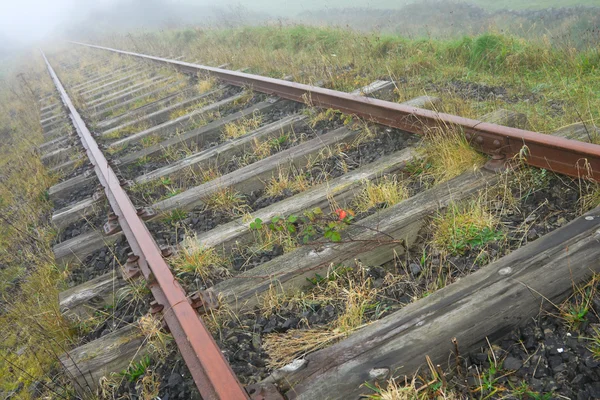 Old railroad in the morning fog
