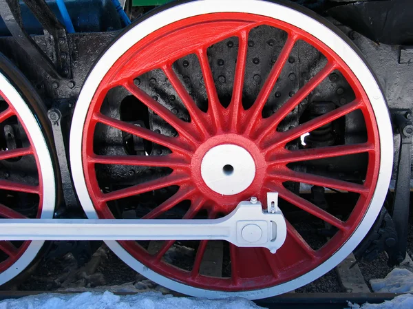 Red wheels of old locomotive