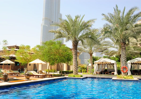 Hotel swimming pool area in Dubai downto