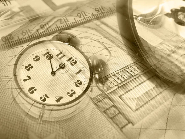 Graphic, magnifier, money and clock
