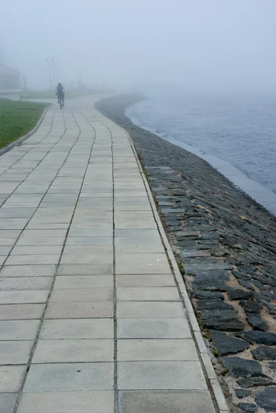 Onega lake embankment in morning fog