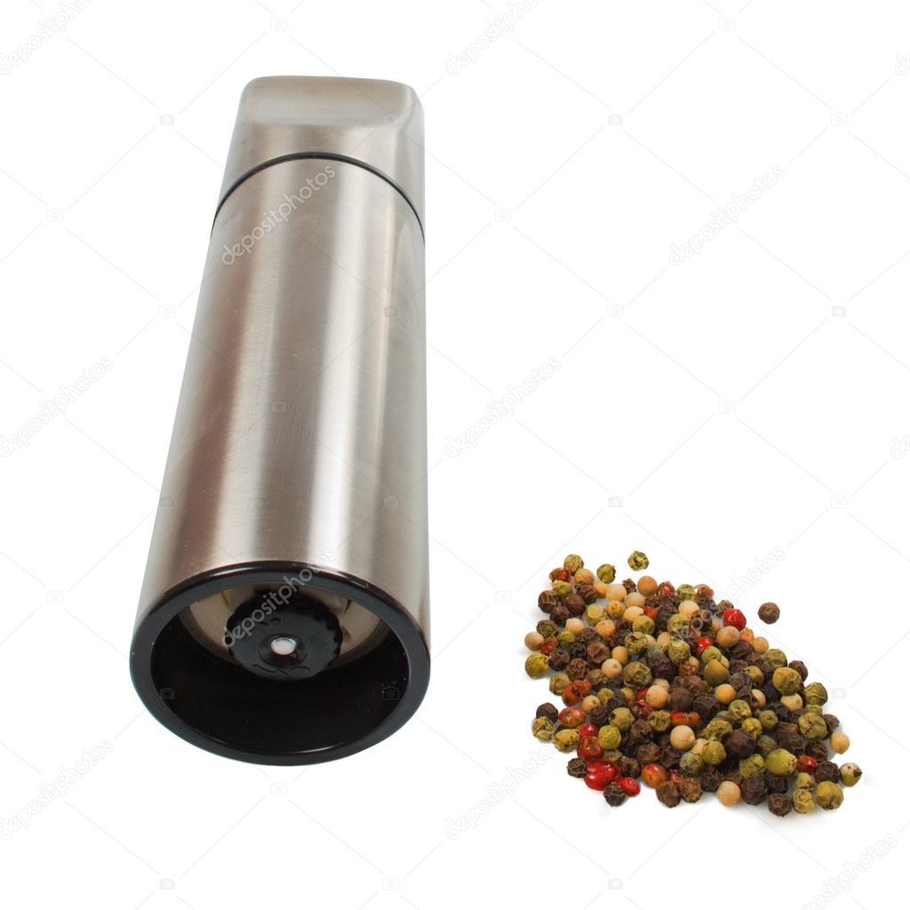 Stalen keuken molen met 4 soorten peper zaden — stockfoto © andytu ...