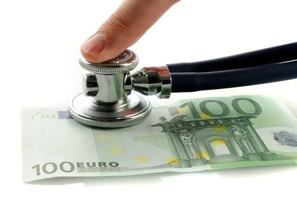 Euro with stethoscope and finger