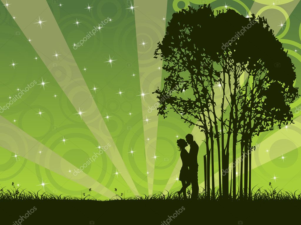Abstract green rays background with kissing couple in garden