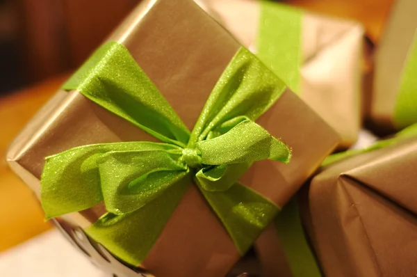 Gift boxes with lime green bow ties