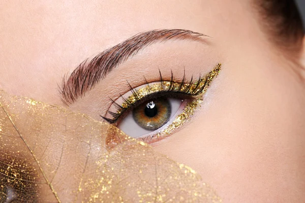 Female eye with a golden arrow make-up