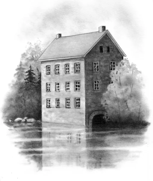 Pencil Drawing of Old Stone Grist Mill
