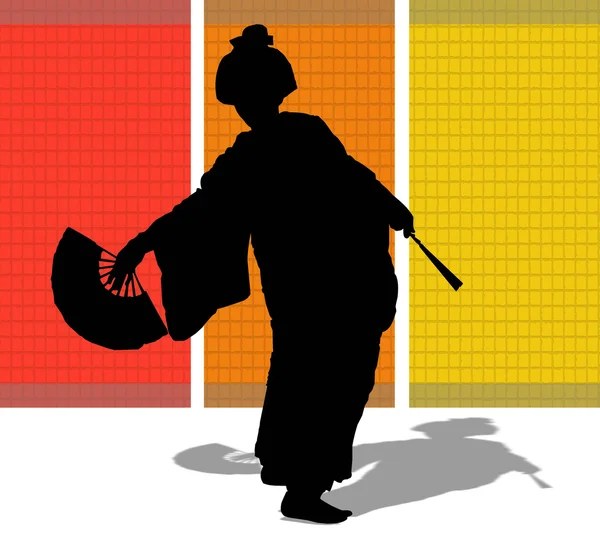 Silhouette of a Japanese woman with a fa