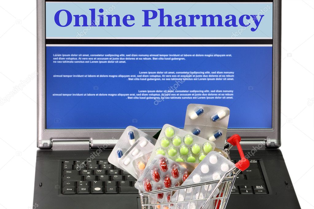 Online pharmacy- collage in laptop with trolley filled with pills
