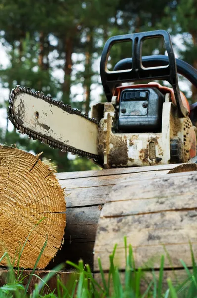 Chainsaw on wood cuttings (Shallow DOF)