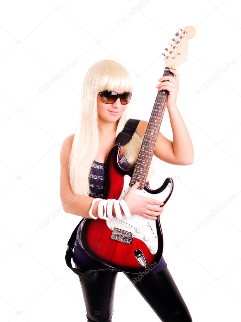 Young rock woman play guitar isolated over white background