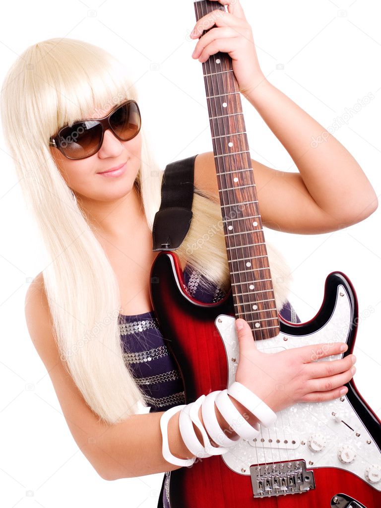 Young rock woman play guitar