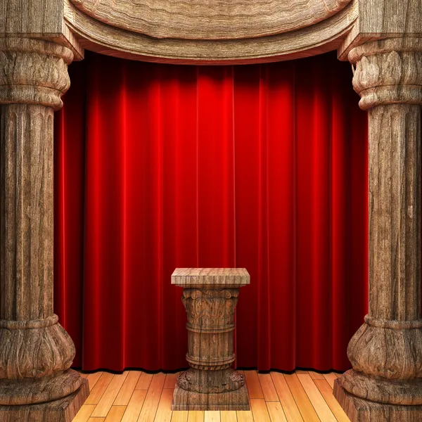 Red velvet curtains, wood columns