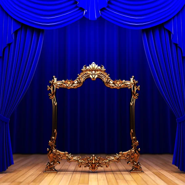 Blue curtains, gold frame