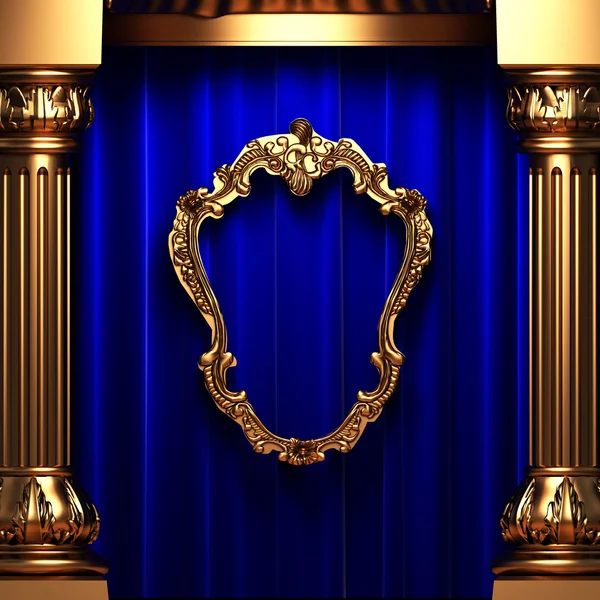 Blue curtains, gold columns and frame