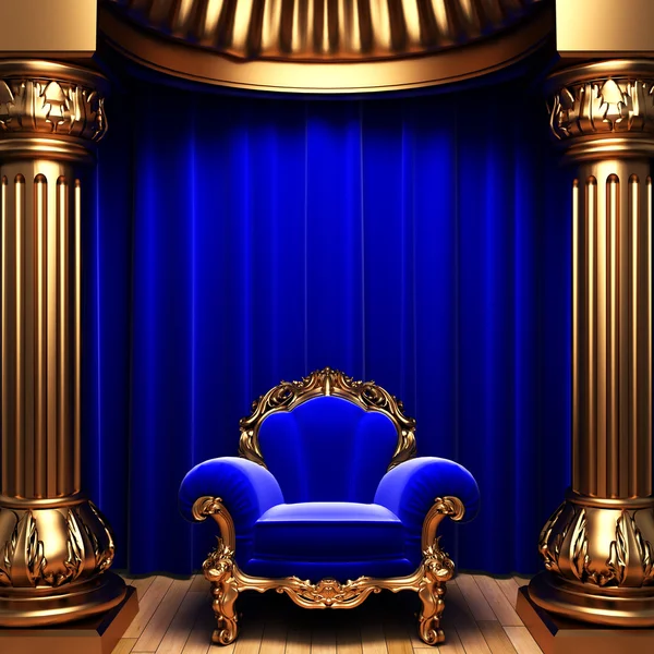 Blue velvet curtains and chair