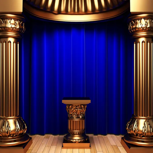 Blue velvet curtains, gold Pedestal