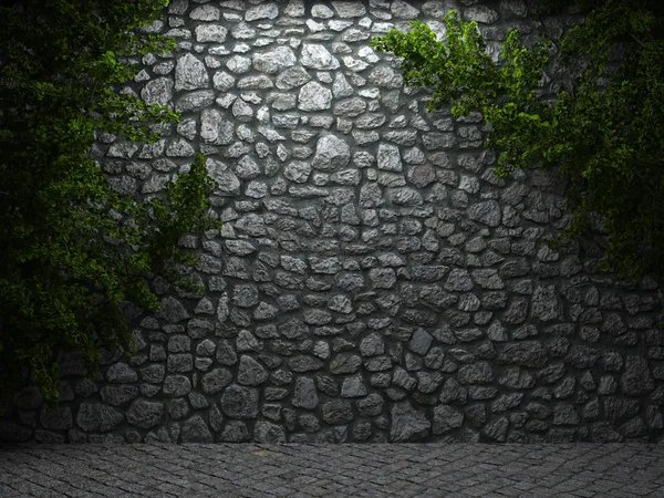 Illuminated stone wall and ivy