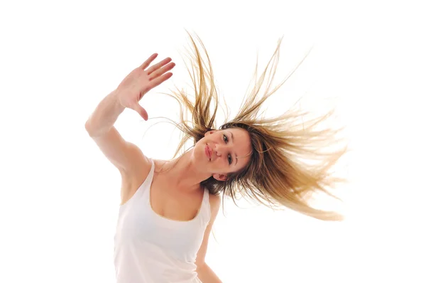 Party woman isolated with wind in hair