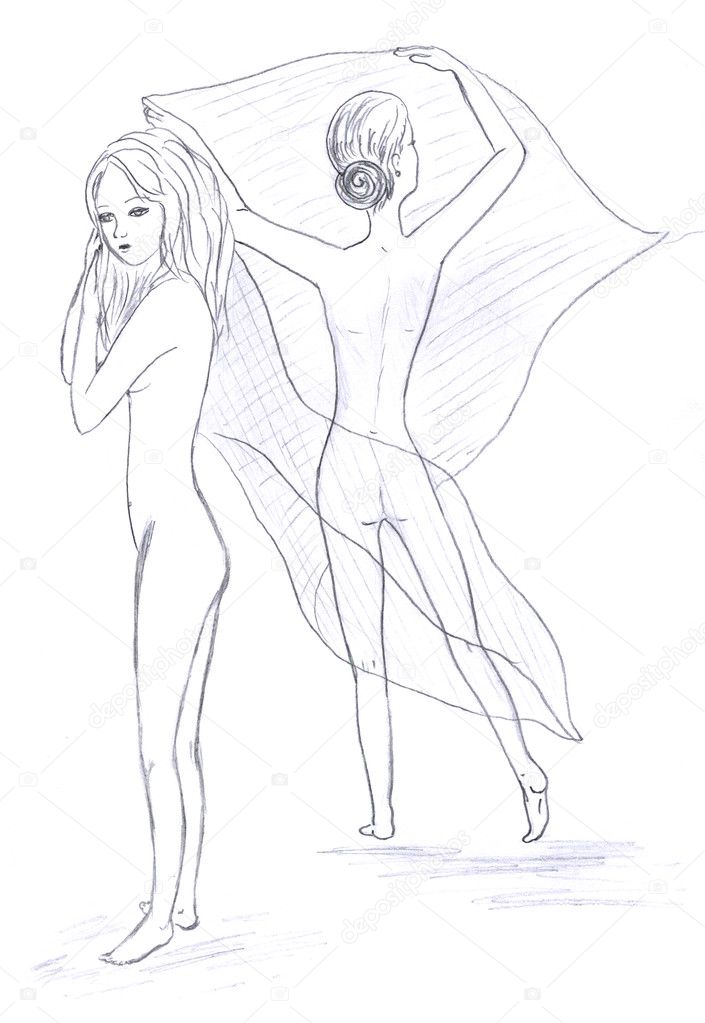 Two naked girls sketch pencil drawing nudity