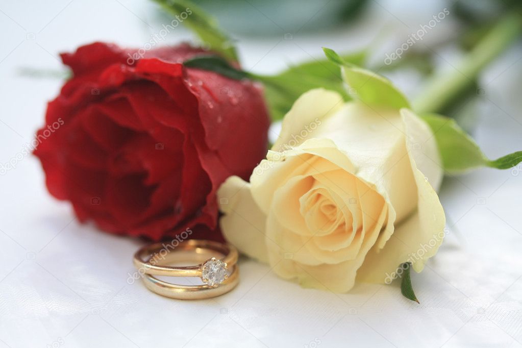 A wedding band and a diamond solitaire engagement ring with two roses on the