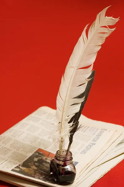 Feather quill and newspapers