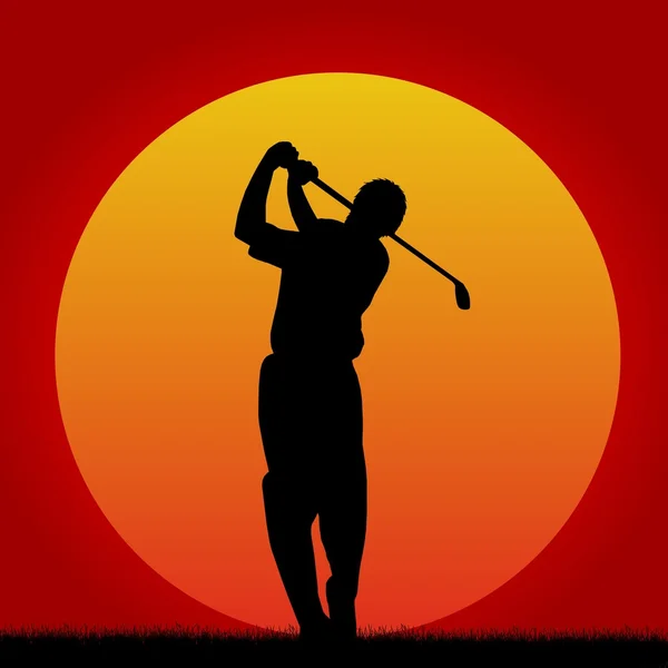 Silhouettes of golf player in sunset