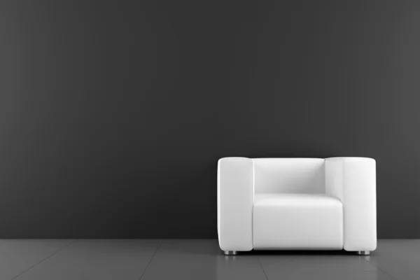 White armchair in front of black wall