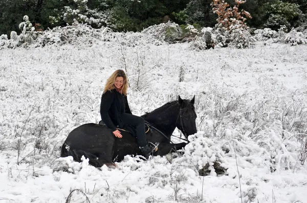 Girl and horse in snow — Stock Photo #1915464