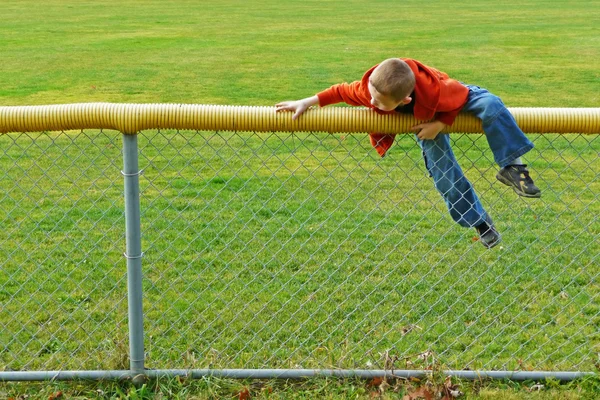 Young boy climbing chain link fence