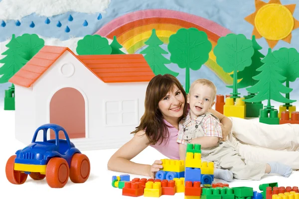 Baby Mother Play Lego Blocks Toys in Home, Family House Car