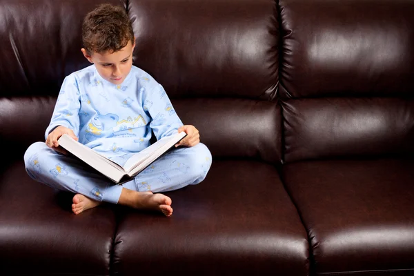 Cute kid reading a big book on a sofa