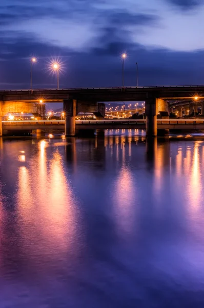 Dramatic city night scene of bridge
