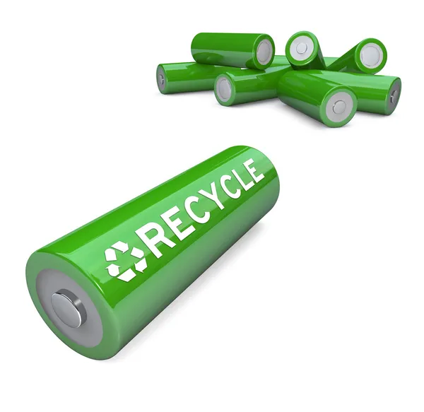 Green Batteries - Recycling Symbol on AA Battery by iqoncept - Zdjęcie stockowe