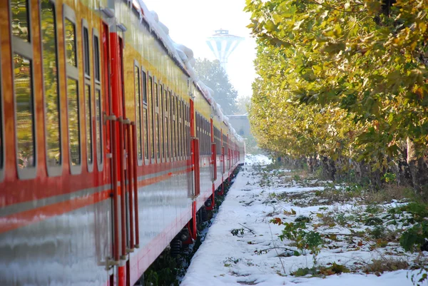 The red train on platform in winter