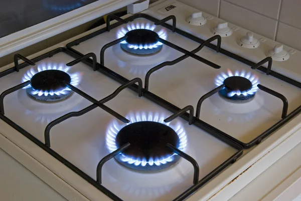 Four blue flames of a gas stove