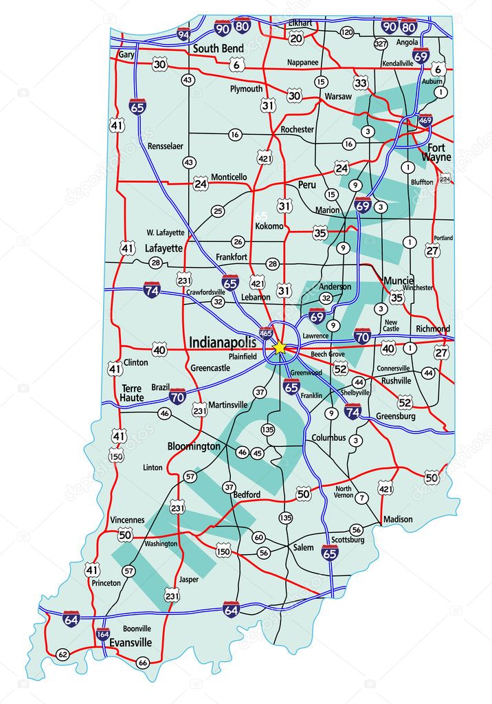 Indiana state road map with Interstates, U.S. Highways and state roads